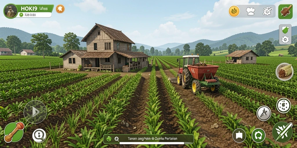Screenshot HOKI9 menampilkan petani yang sedang merawat ladang yang subur.